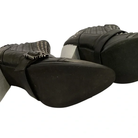 Ankle Boots Women Black Leather Bull Studded Skull Buckle Silver Block Heel Sz 8 - Picture 5 of 6